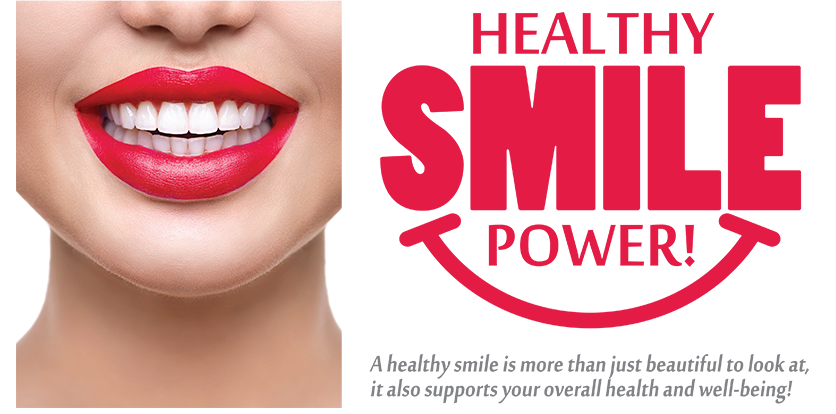 The image is a graphic design featuring a woman s face with red lipstick, overlaid with text that reads  HEALTHY SMILE POWER,  suggesting a connection between dental care and the power of a smile.