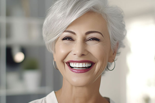 The image shows a smiling woman with gray hair, wearing makeup and a smile on her face.